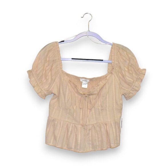Urban Romantic Boho Square Neck Ruched Short Sleeve Ruffle Top Size L - Picture 1 of 10